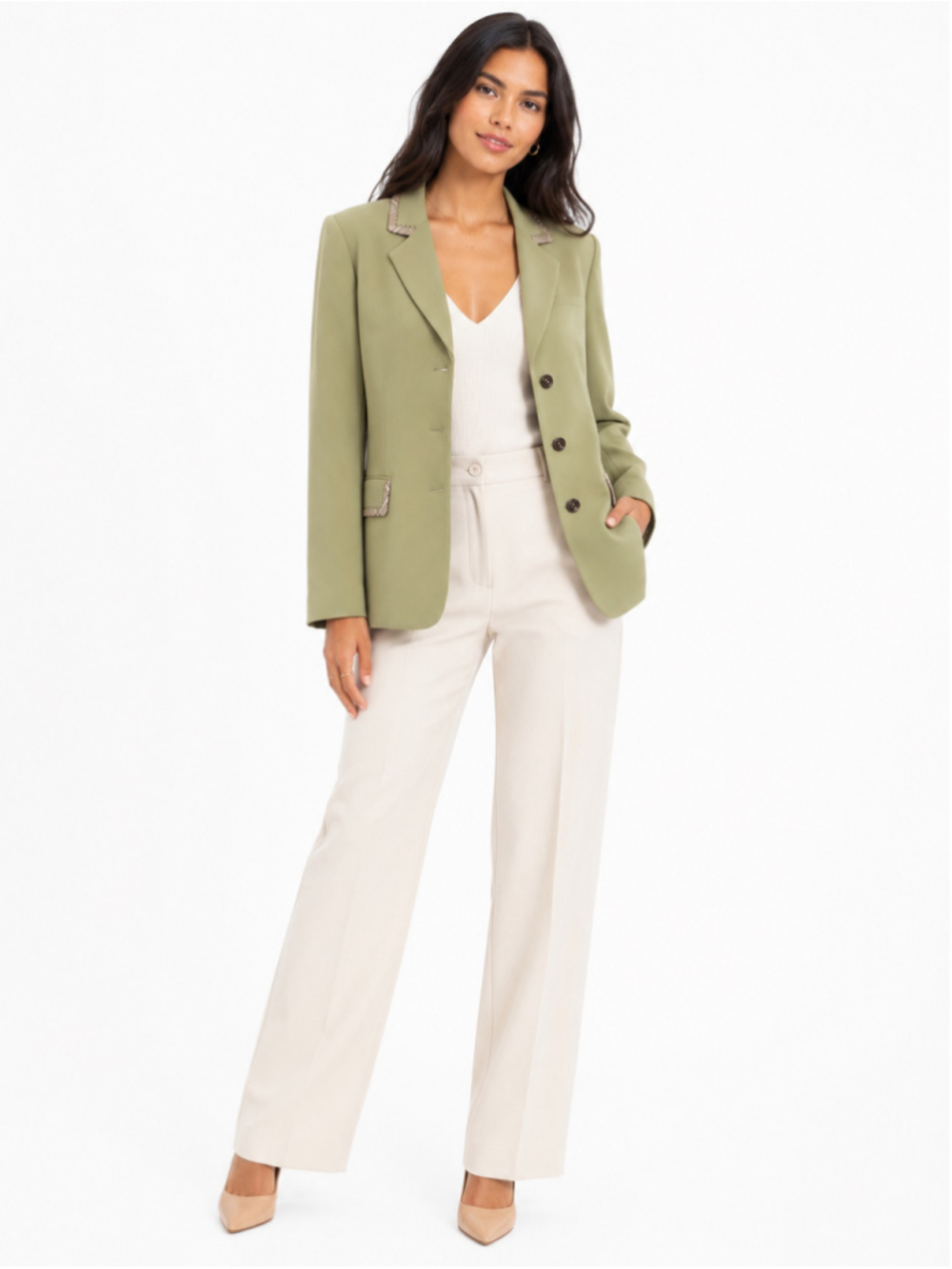 Tahari Arthur S. Levine Three Button Blazer Size 12 Green Beige